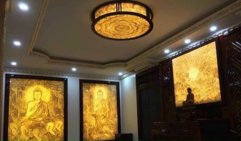 Đèn LED ốp trần viền gỗ mặt tròn cao cấp trang trí phòng thờ phong cách Trung Hoa cổ điển TL-PT3330