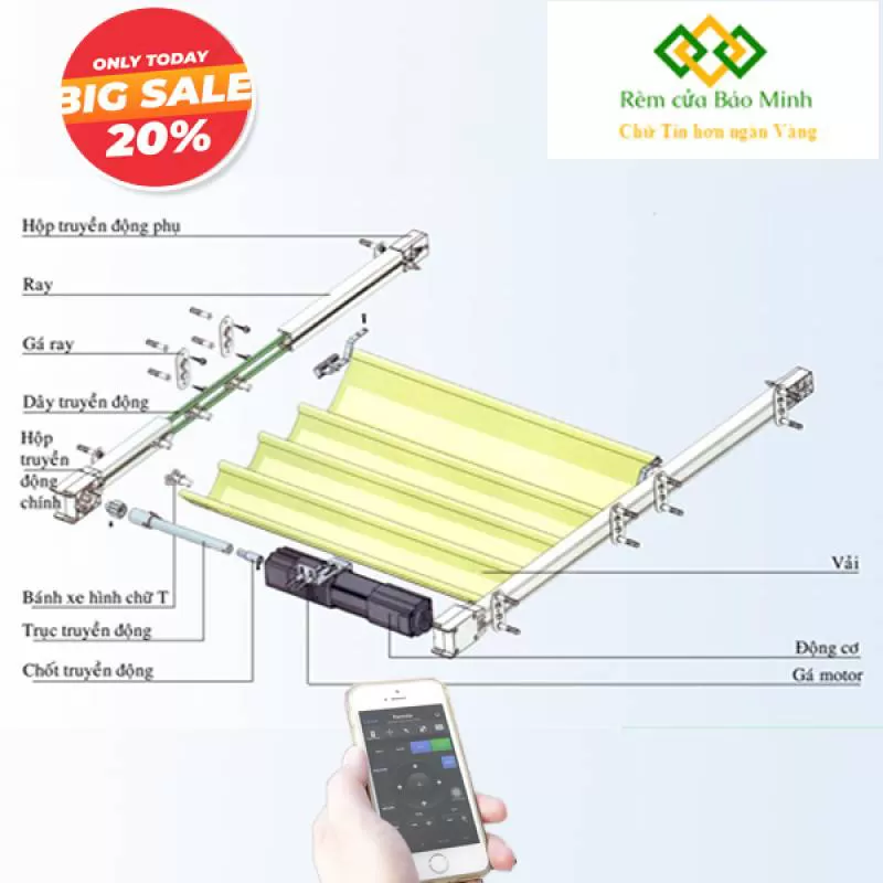 Rèm trần tự động hệ xếp ly 2 thanh ray 1 động cơ