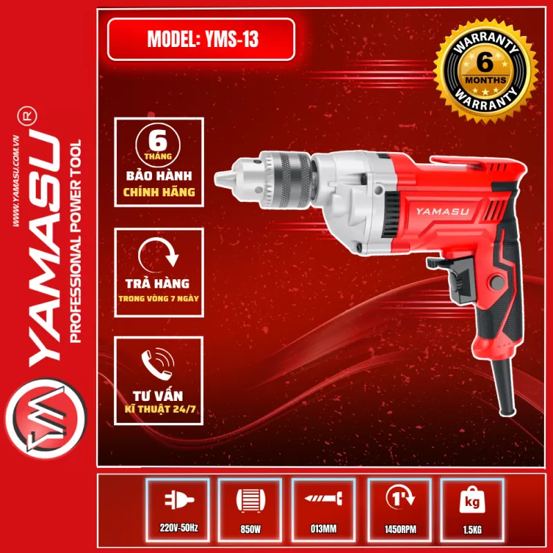 MÁY KHOAN BẮT VÍT 3 TẦNG RĂNG YAMASU YMS-13 CÔNG SUẤT LỚN 850W