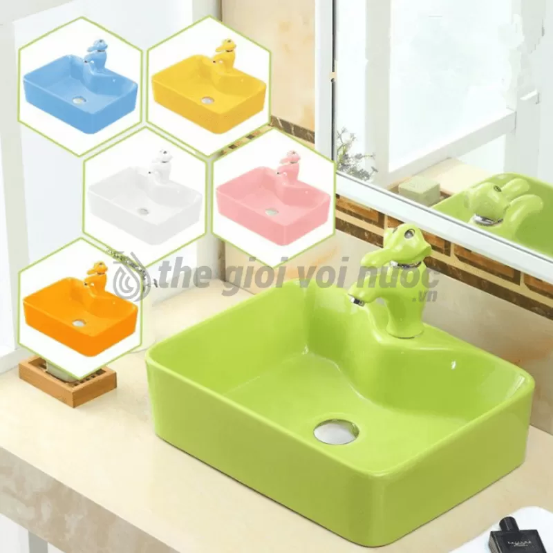 Lavabo Trẻ Em Đặt Bàn Hình Chữ Nhật Vòi 2 Tấc Draco LB3202G Màu Xanh lá