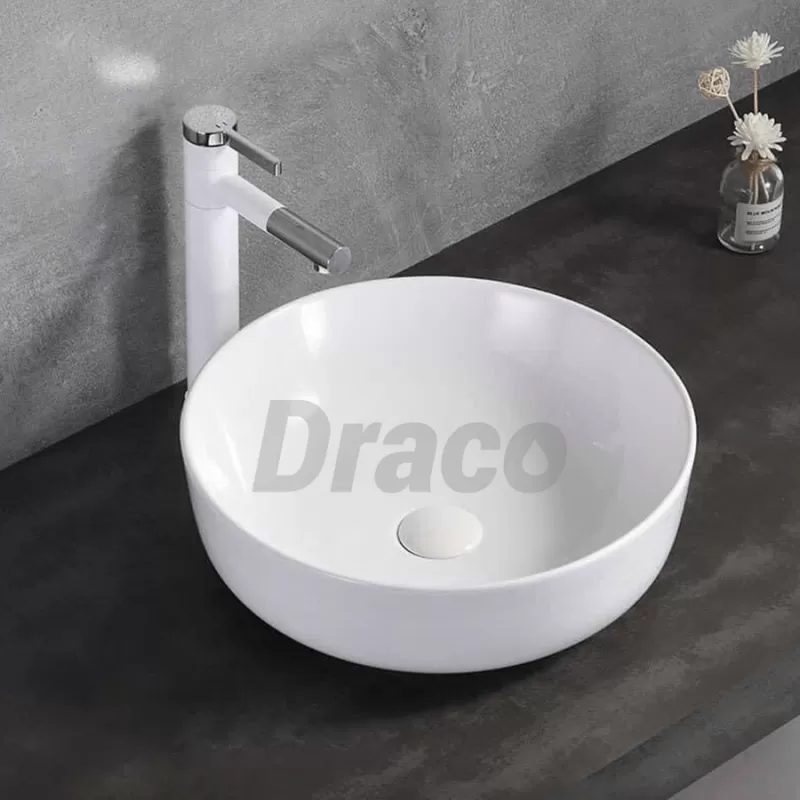 Lavabo Đặt Bàn Draco T2190S Chất Liệu Sứ Caremic Tráng Men Tuyết Cao Cấp Thiết Kế Tròn Tuổi Thọ Lên Tới 30 Năm