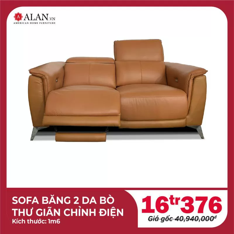 Sofa Băng 2 Da Bò Thư Giãn Chỉnh Điện Màu Cam