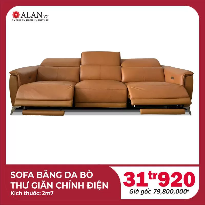 Sofa Băng 3 Da Bò Thư Giãn Chỉnh Điện Màu Cam
