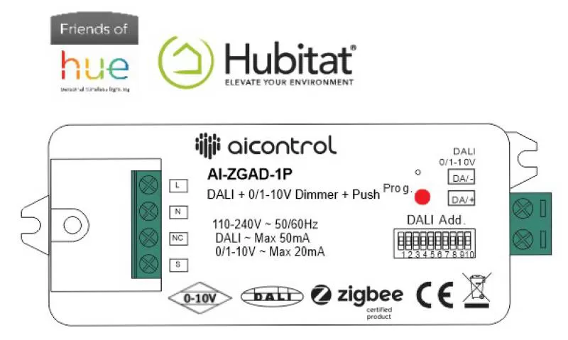 AICONTROL - AI-ZGAD-1P: BỘ ĐIỀU KHIỂN DIMMER TĂNG GIẢM CHIẾU SÁNG 0/1-10V HOẶC DALI, KẾT HỢP NÚT NHẤN