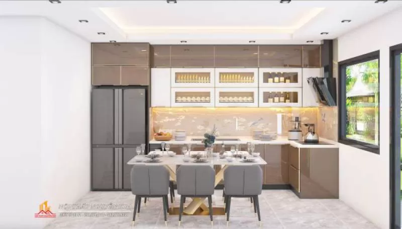 Thiết kế tủ bếp inox cánh kính chữ L nhà chị Vân, An Dương