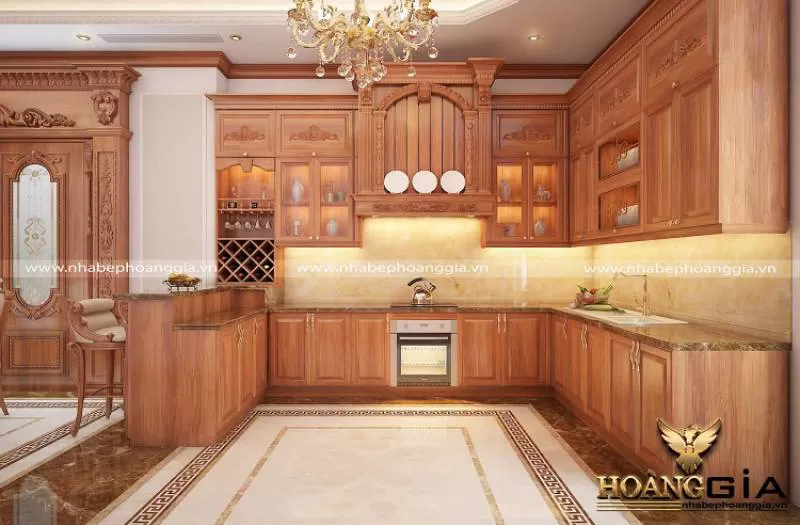 Mẫu tủ bếp gỗ gõ đỏ kết hợp quầy bar nhà anh Kha (Quảng Ngãi)
