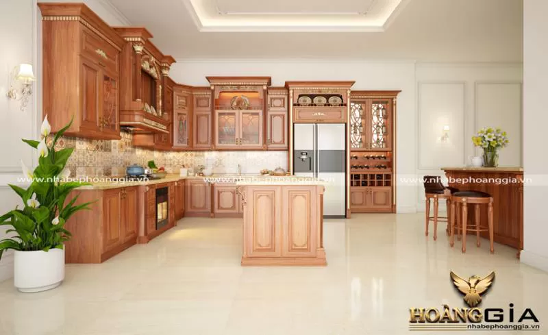 Mẫu tủ bếp gỗ gõ tự nhiên sơn nhũ đồng cao cấp