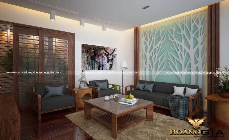 Xu hướng phòng khách hiện đại cho nhà chung cư bằng gỗ óc chó