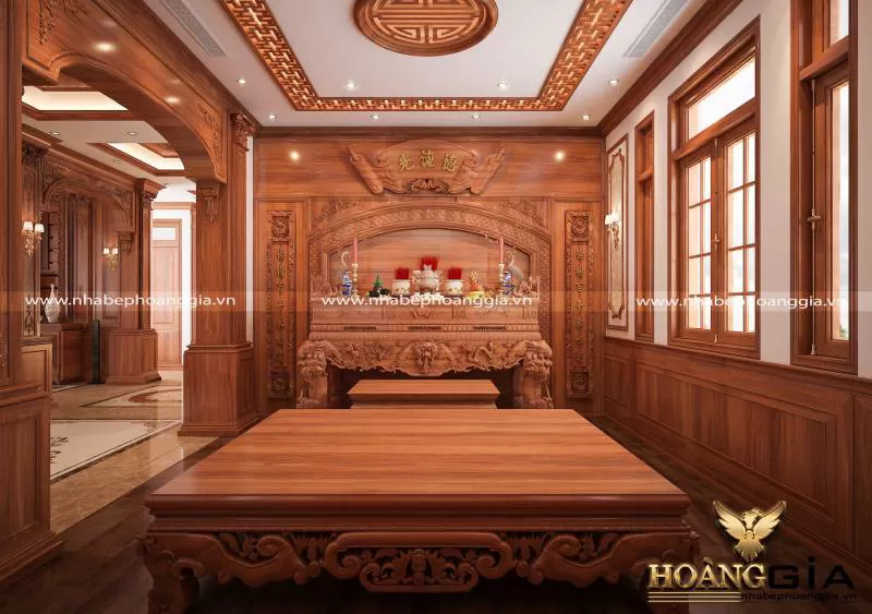 Mẫu thiết kế phòng thờ gỗ gõ đỏ đầy sang trọng và đẳng cấp