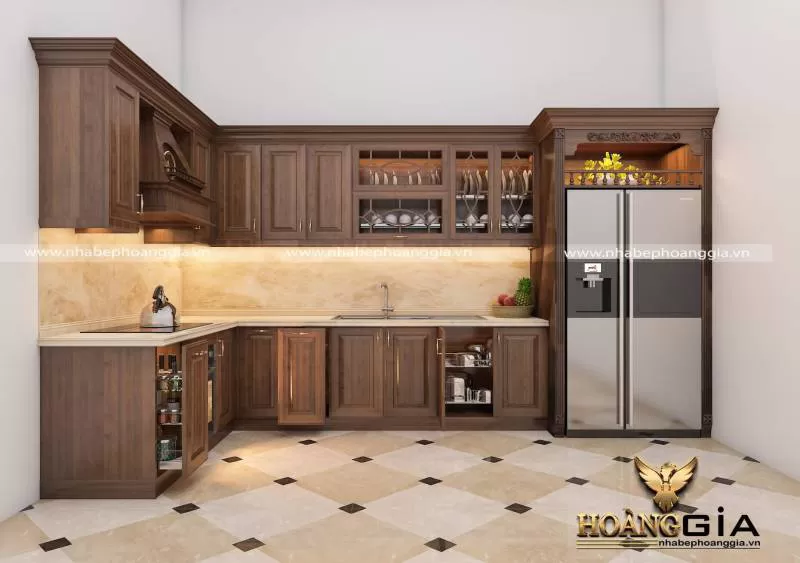 Mẫu tủ bếp tân cổ điển gỗ sồi mỹ sơn màu nâu hạt dẻ sang trọng