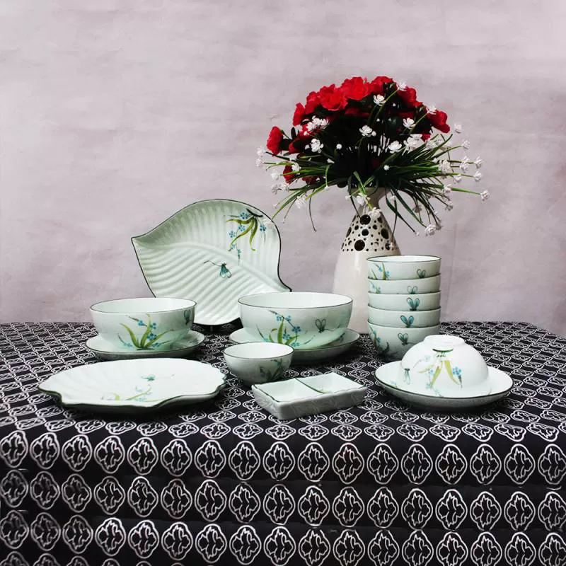 Bộ tô chén sứ dĩa vẽ Chuồn - Set 15 (Xanh ngọc)