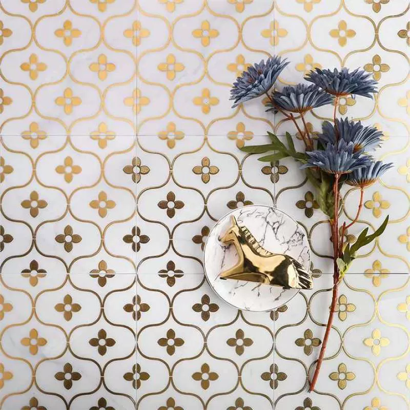 200x200mm Luxury Golden White Waterjet Pattern Moroccan Style Bathroom Floor Ceramic Tiles For Interior Kitchen Shower Wall