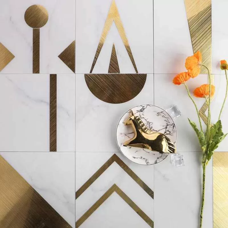 China 200x200mm Luxury Marble Look Geometric Pattern White Gold Porcelain Floor And Wall Tiles For Backsplash Bathroom Kitchen