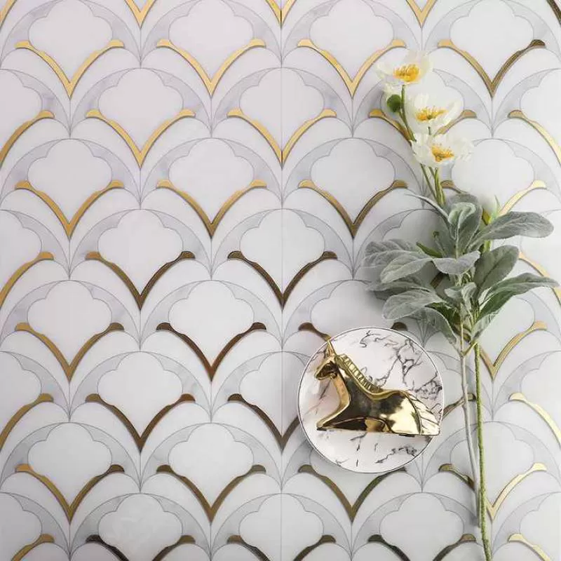 Foshan Factory Price Luxury 200x200mm Waterjet Fan Shape Pattern Moroccan Ceramic Tile For Bathroom Shower Kitchen Wall Floor