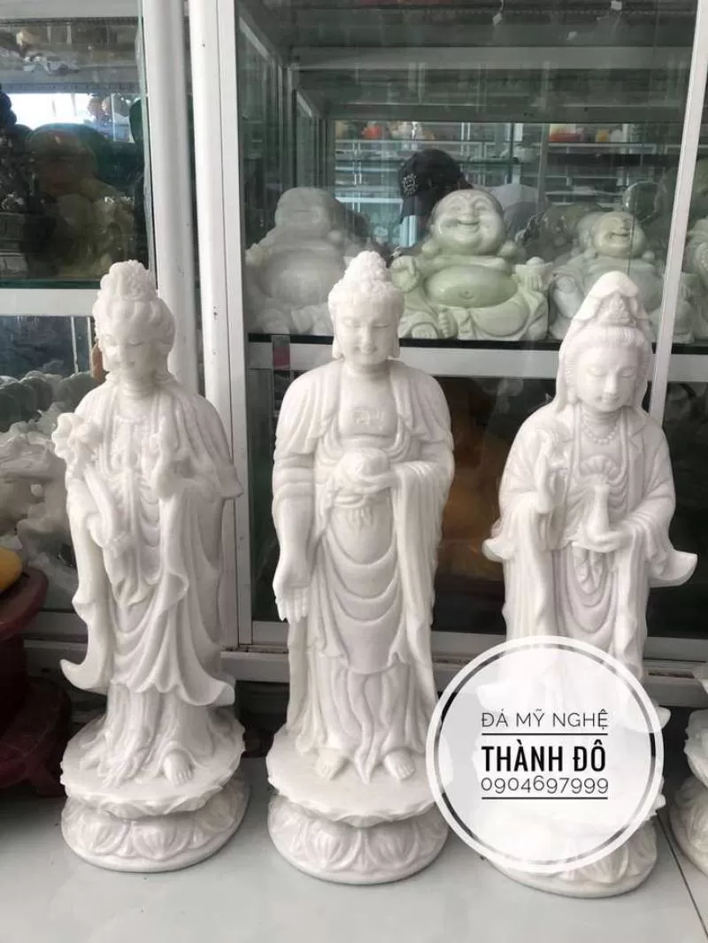 Tượng Tây Phương Tam Thánh đá trắng cao 50cm