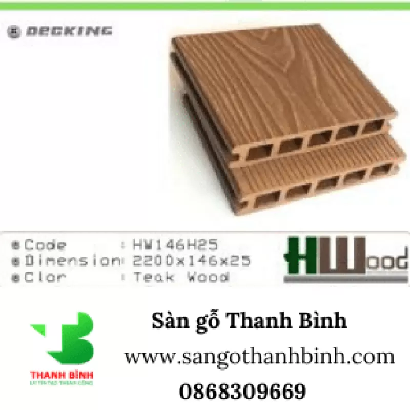 Sàn gỗ nhựa ngoài trời Hwood Decking Mã HW 145H25 Teak Wood