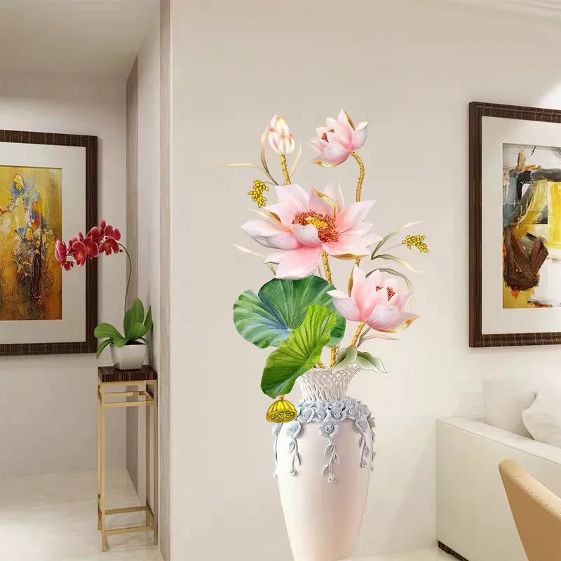 Decal Dán Tường Bình Hoa Sen Hồng