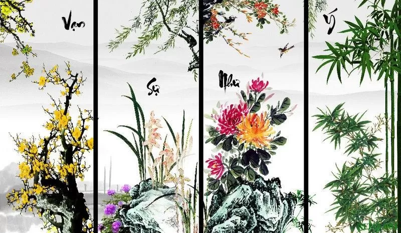 Tranh dán tường phòng thờ - Tranh tứ quý đẹp