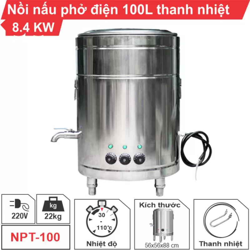 Nồi nấu phở điện 100 lít thanh nhiệt Inox 304 cao cấp, tiết kiệm điện