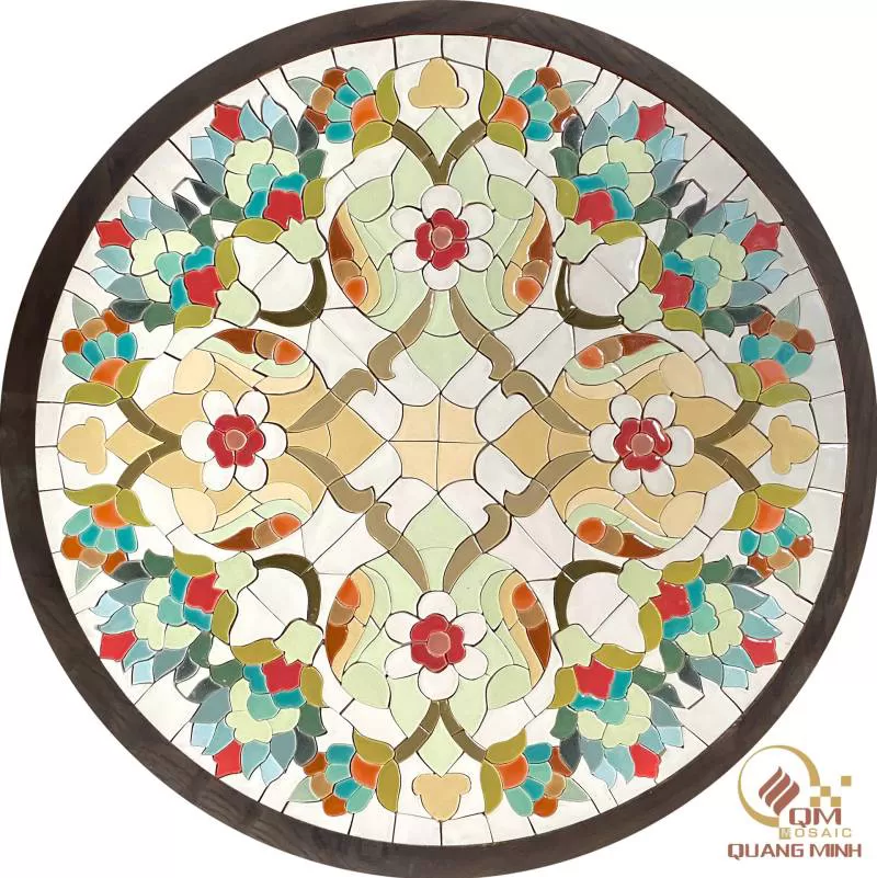 Bàn tròn khung gỗ mosaic gốm Mandala QM-BT26