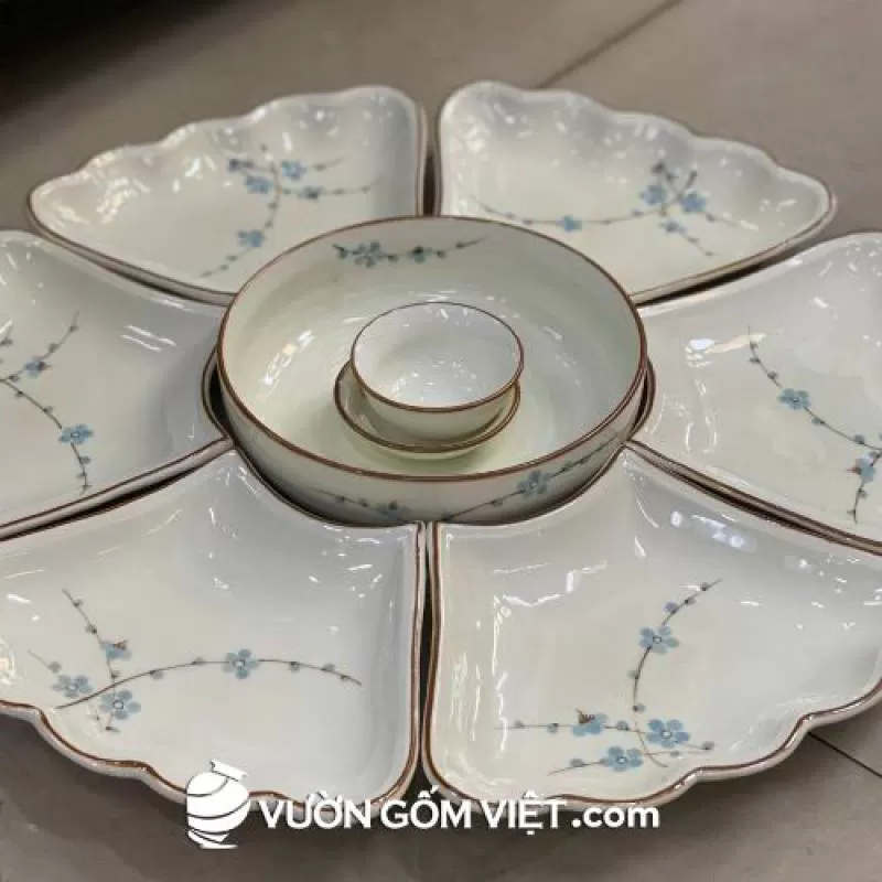 Set bát đĩa mâm cổ vẽ hoa xanh