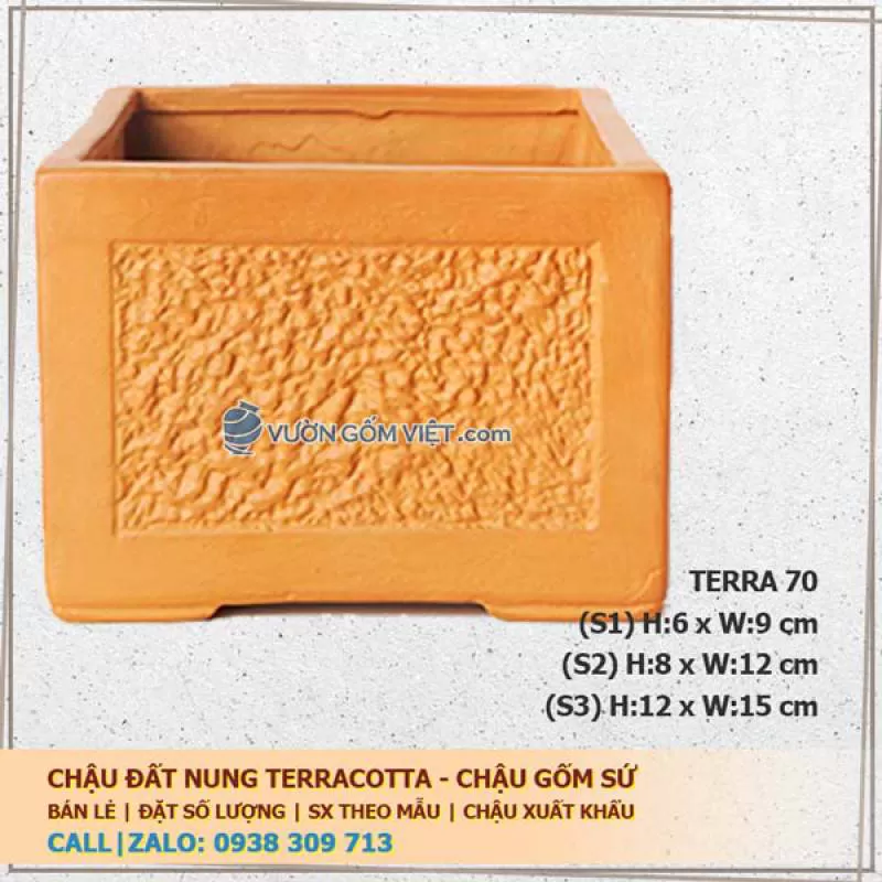 Chậu trồng cây gốm đất nung vuông nhám 70-3