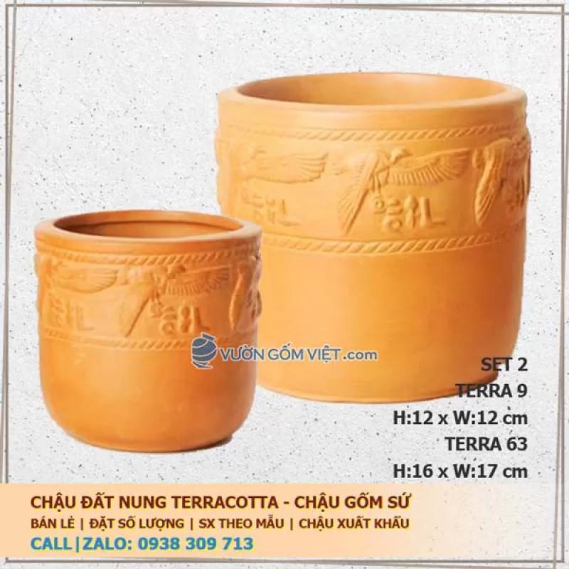 Set 2 chậu gốm đất nung hoa văn nổi 09 63
