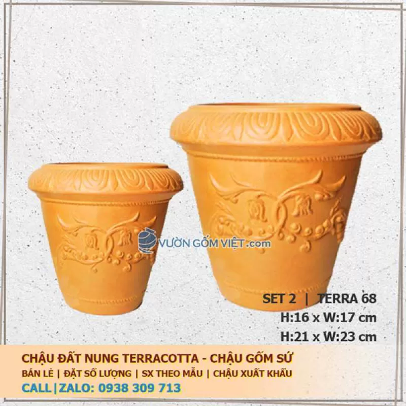 Set 2 chậu gốm đất nung hoa văn nổi 68