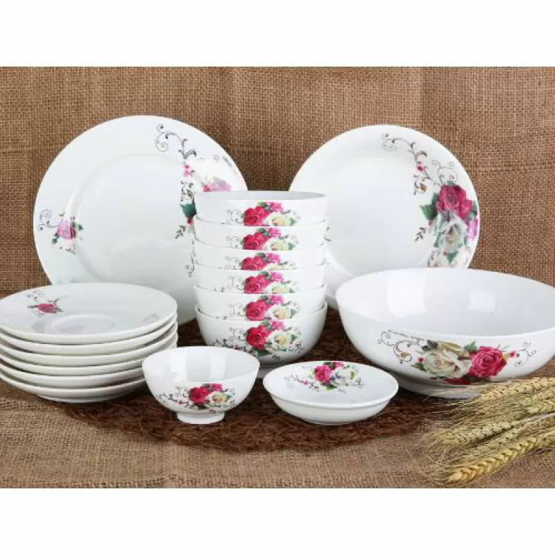 Tô chén bát đĩa sứ trắng in hoa hồng