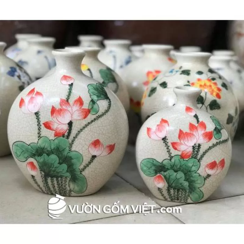 Bình hoa men rạn vẽ sen oval