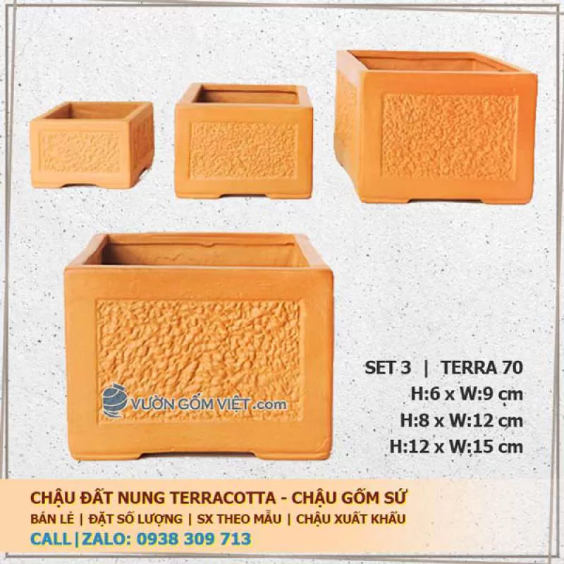 Set 3 chậu trồng cây gốm đất nung vuông nhám 70