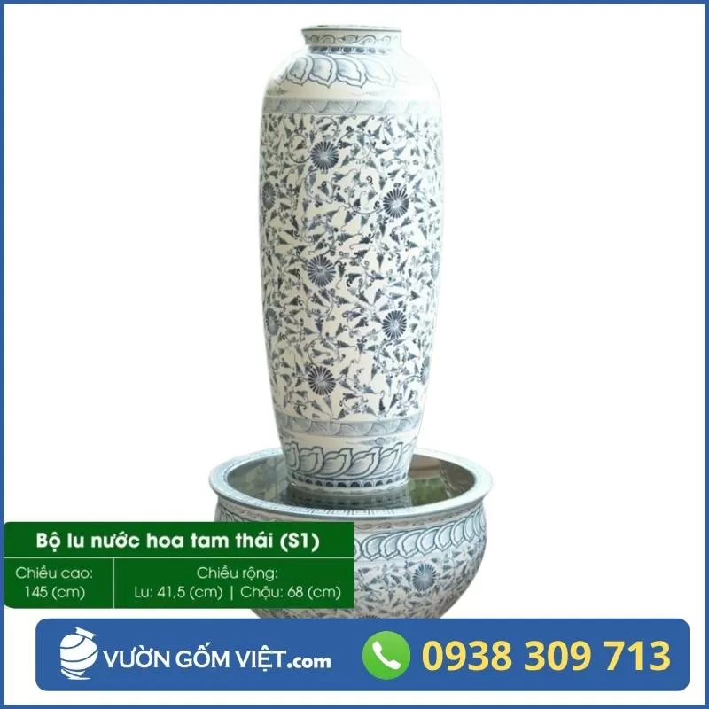 Bộ Chậu Lu Nước Phong Thủy - Đài Phun Nước Gốm Sứ Sân Vườn 06
