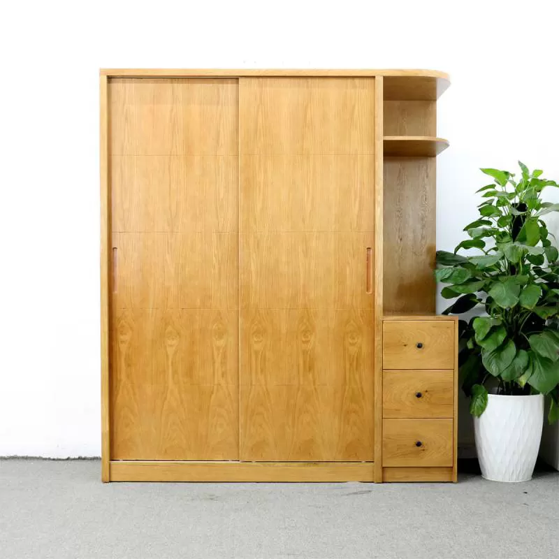Tủ Quần Áo Cánh Lùa Gỗ Tự Nhiên Màu Sồi Mỹ Có Kệ Trang Trí Đẹp Hiện Đại 