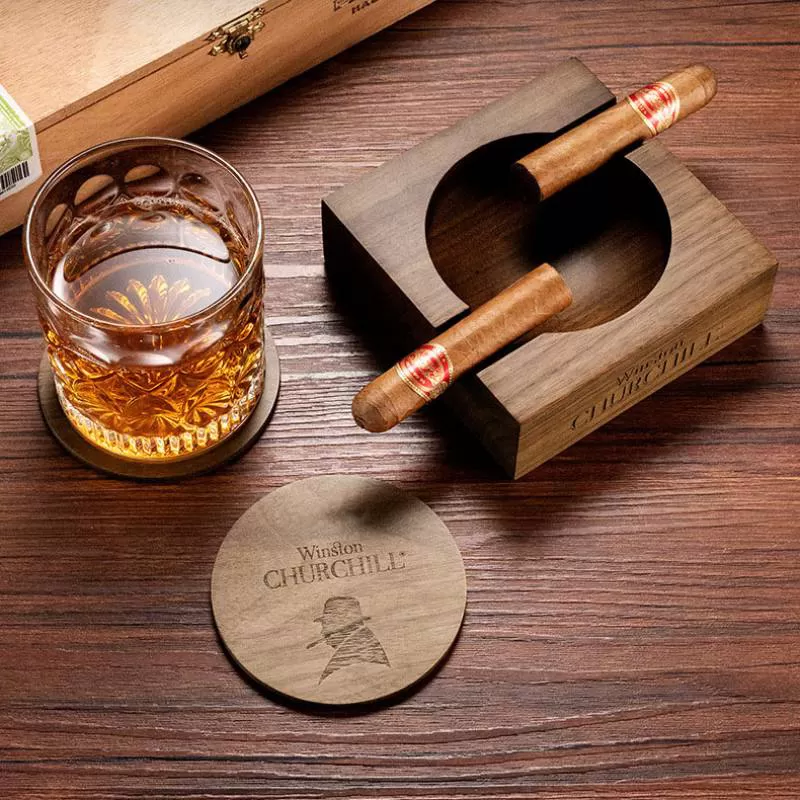 Gạt tàn Cigar 2 điếu bằng gỗ kèm đế lót ly CGL7292 