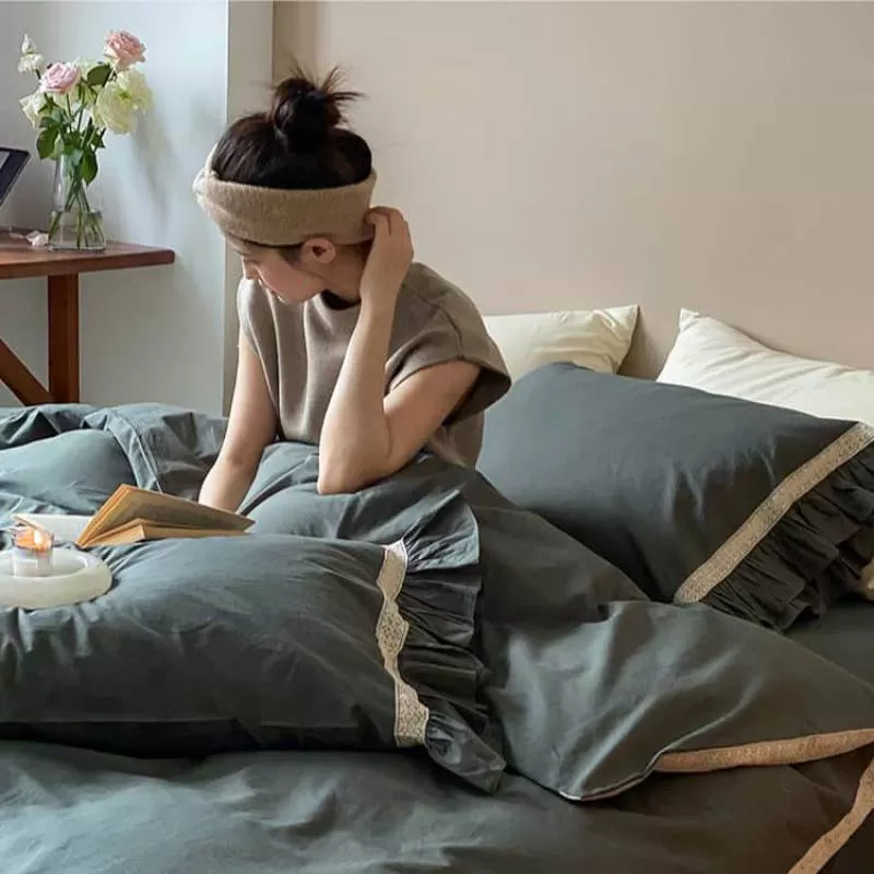 Bộ chăn ga vỏ gối viền diềm xếp sang trọng JJ6123