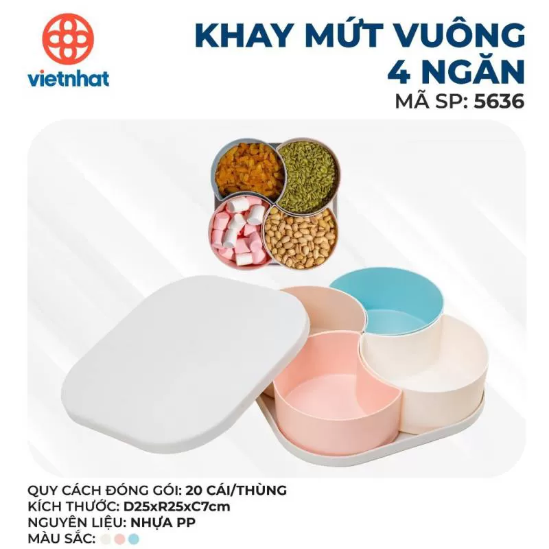 Khay mứt vuông 4 ngăn 5636 cao cấp, khay đựng mứt Tết 2024 