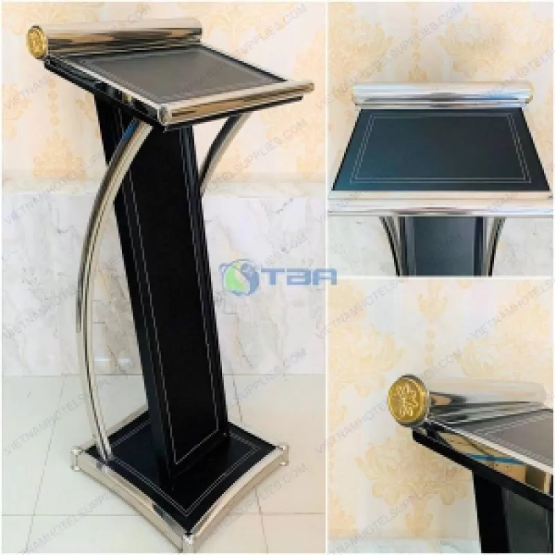 Bục phát biểu gỗ bọc da màu đen khung inox