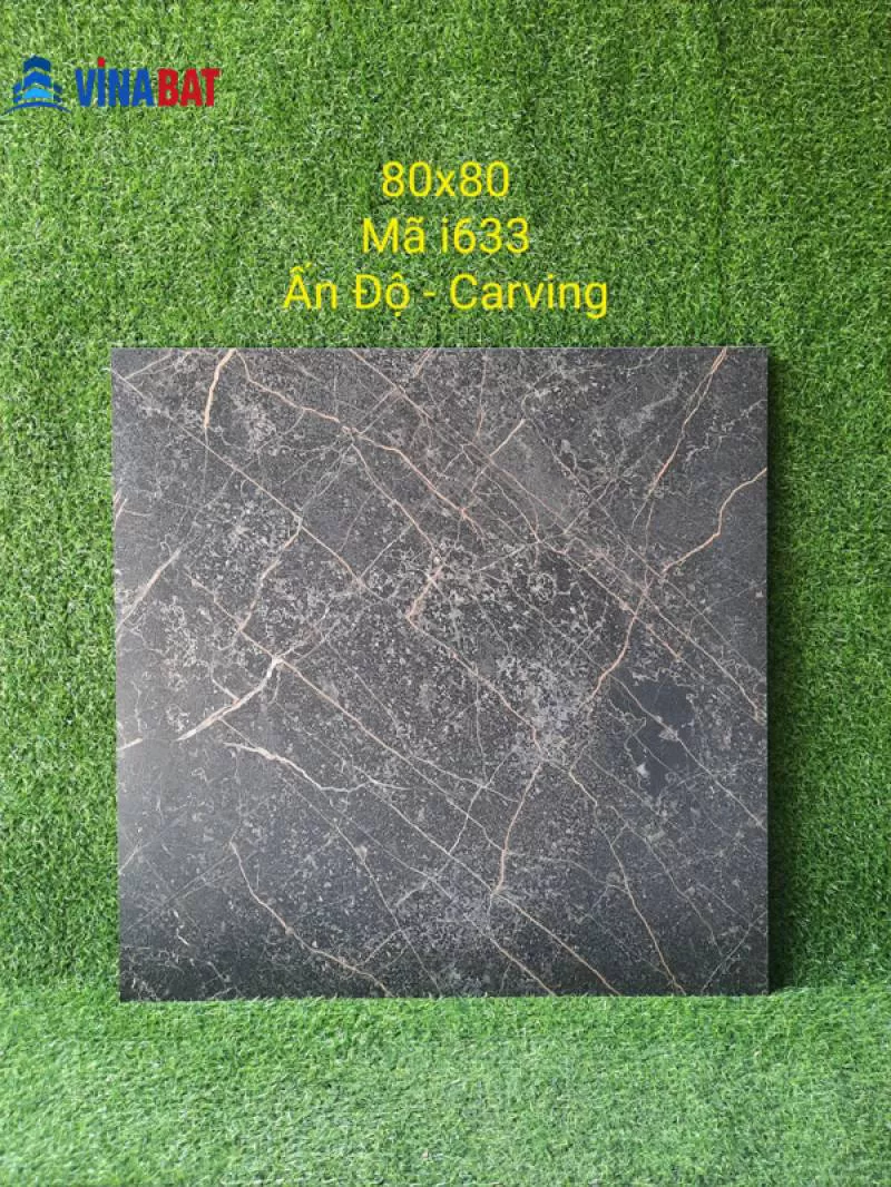 Gạch Ấn Độ 80x80 đen khắc vàng i633 bề mặt carving - VinaBAT