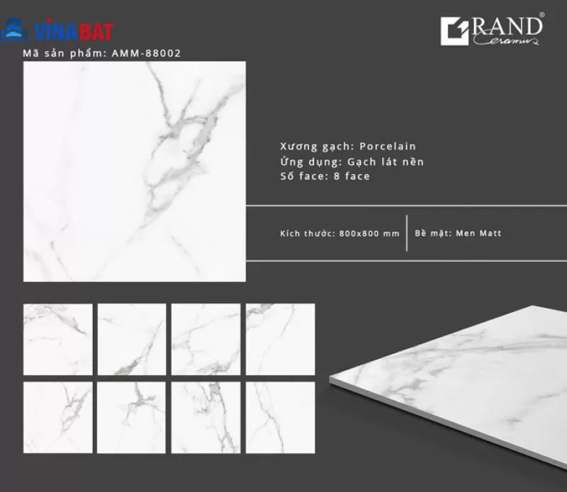 Gạch ốp lát Grand 80x80cm AMM88002 trắng khói mờ
