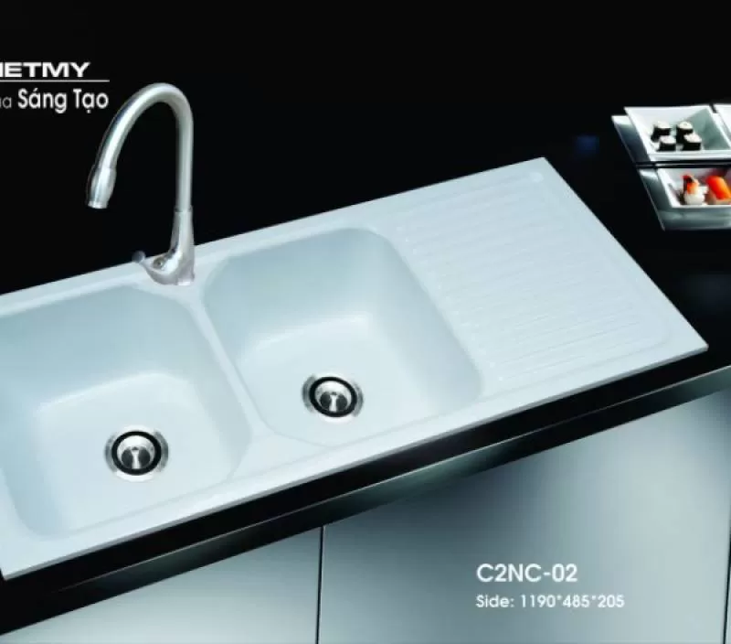 Chậu đá Việt Mỹ C2NC-02, 1190 x 485 x 205 mm, 2 hộc có cánh