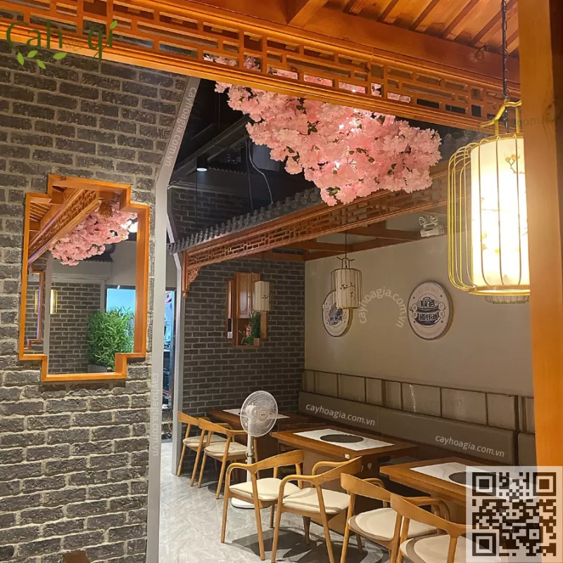 Thi Công Lắp Đặt Cây Đào Giả Treo Trần Nhà Hàng Hỷ Phụng Viên - AEON Hà Đông