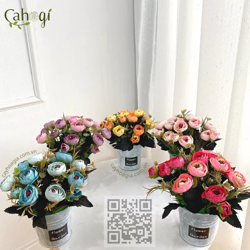Chậu Hoa Giả Để Bàn - Xô Hoa Trà Cắm Sẵn 20 Cm