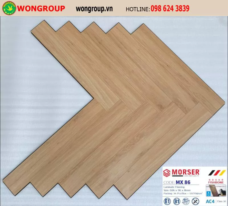 Sàn Gỗ Công Nghiệp Morser Xương Cá Cốt Xanh 8mm MX 86