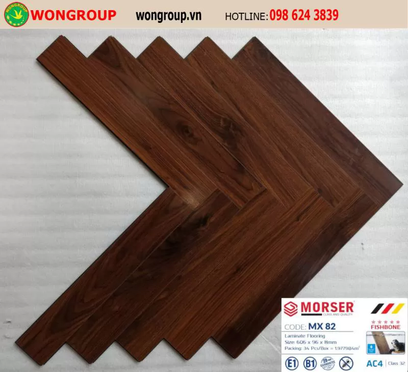 Sàn Gỗ Công Nghiệp Morser Xương Cá Cốt Xanh 8mm MX 82