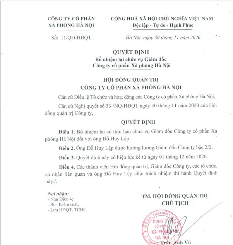 Bổ nhiệm lại chức vụ Giám đốc Công ty CP xà phòng Hà Nội