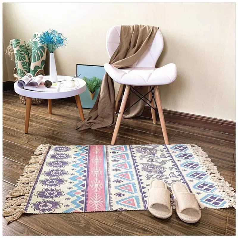 Thảm Trải Sàn Tua Rua Canvas Trang Trí Nordic – Hoa Văn Hồng
