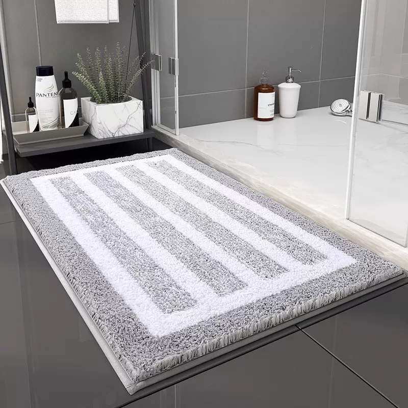 Thảm Lau Chân Sợi Len Siêu Thấm Chống Trượt Viền Sọc Xám Xanh