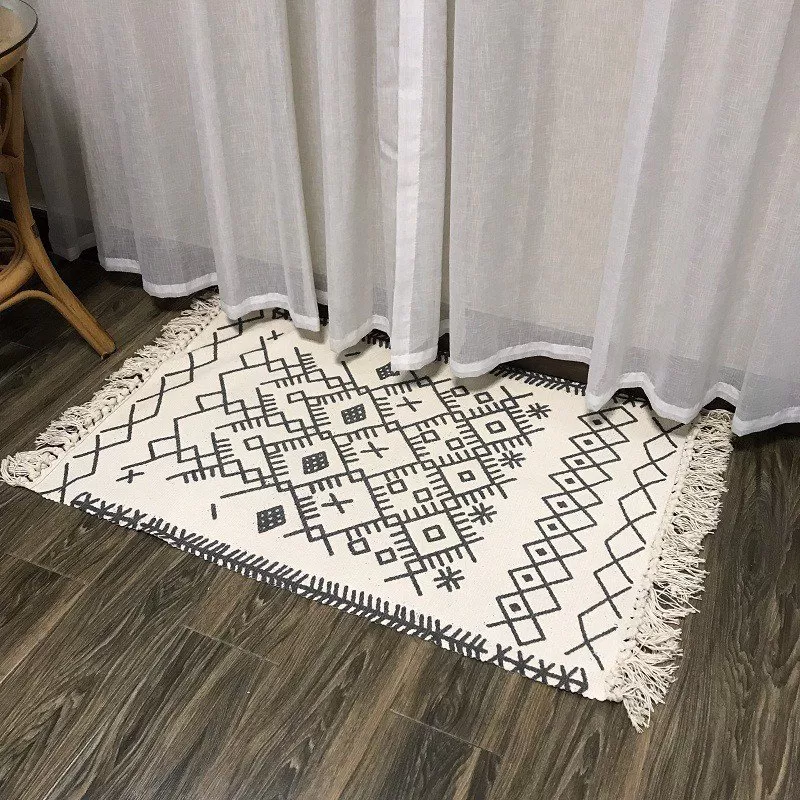 Thảm Trải Sàn Tua Rua Canvas Trang Trí Nordic – Ô Giữa