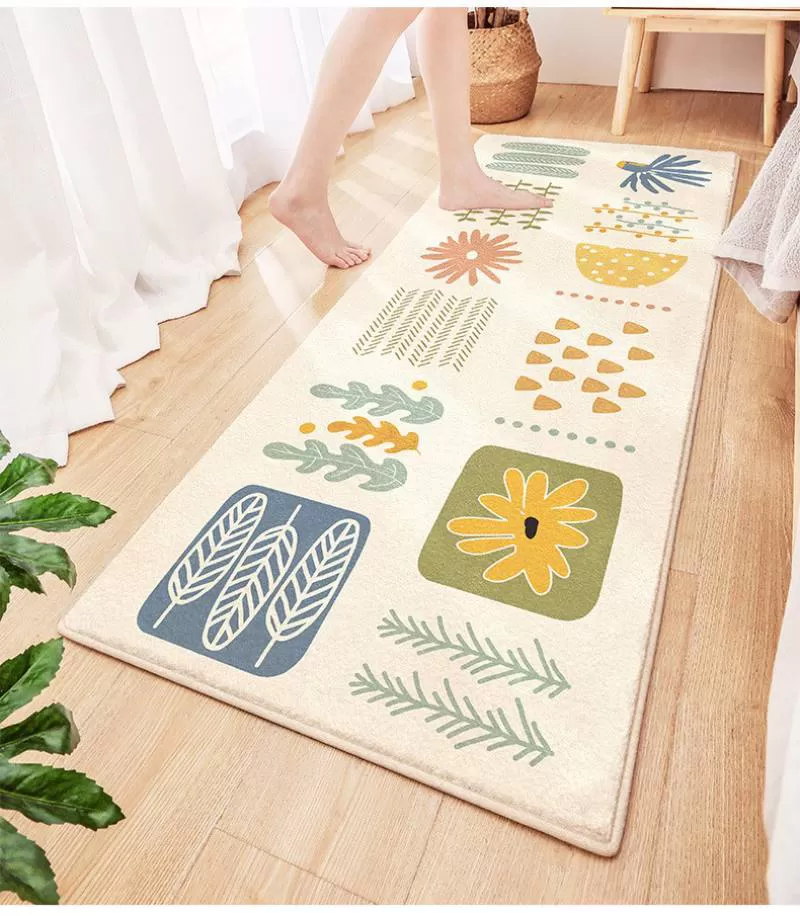 Thảm Lông Cừu Trang Trí Đầu Giường Họa Tiết Hoa Rừng Beige