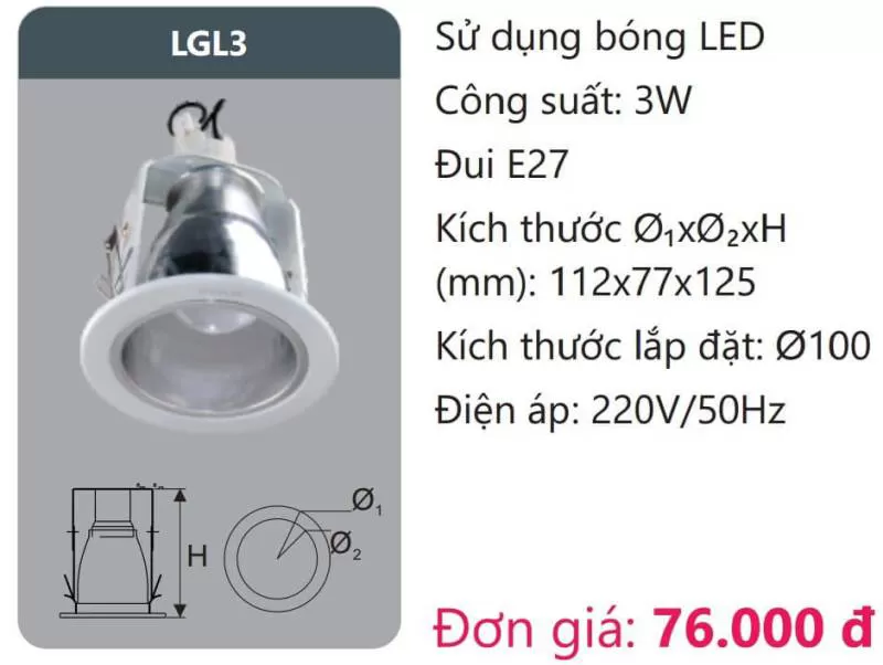 Đèn Downlight âm trần viền sơn trắng cao cấp LGL3 